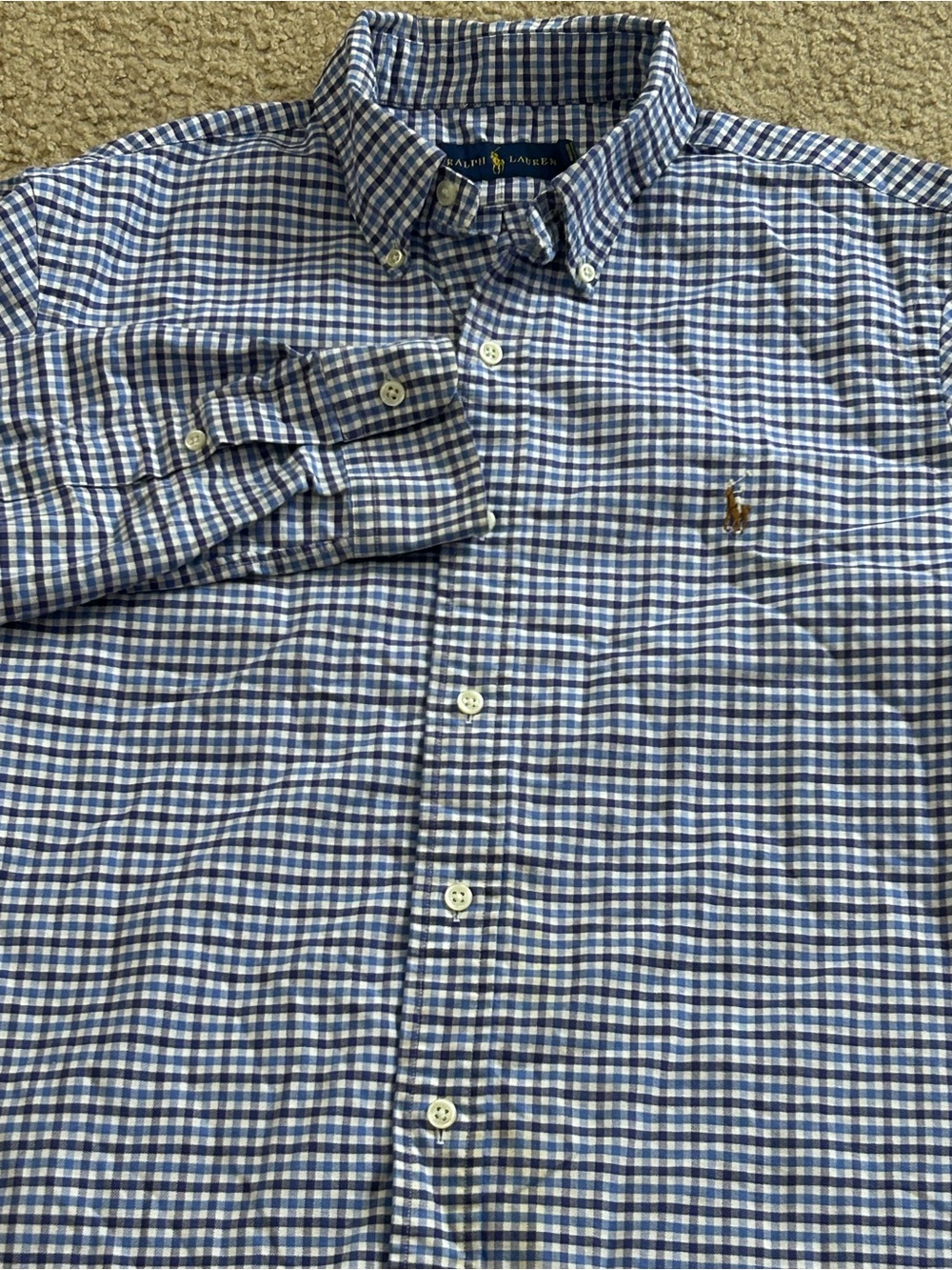 Ralph Lauren Shirt Mens Medium White Blue Check Long Sleeve Flesh Pony Casual - Picture 6 of 6